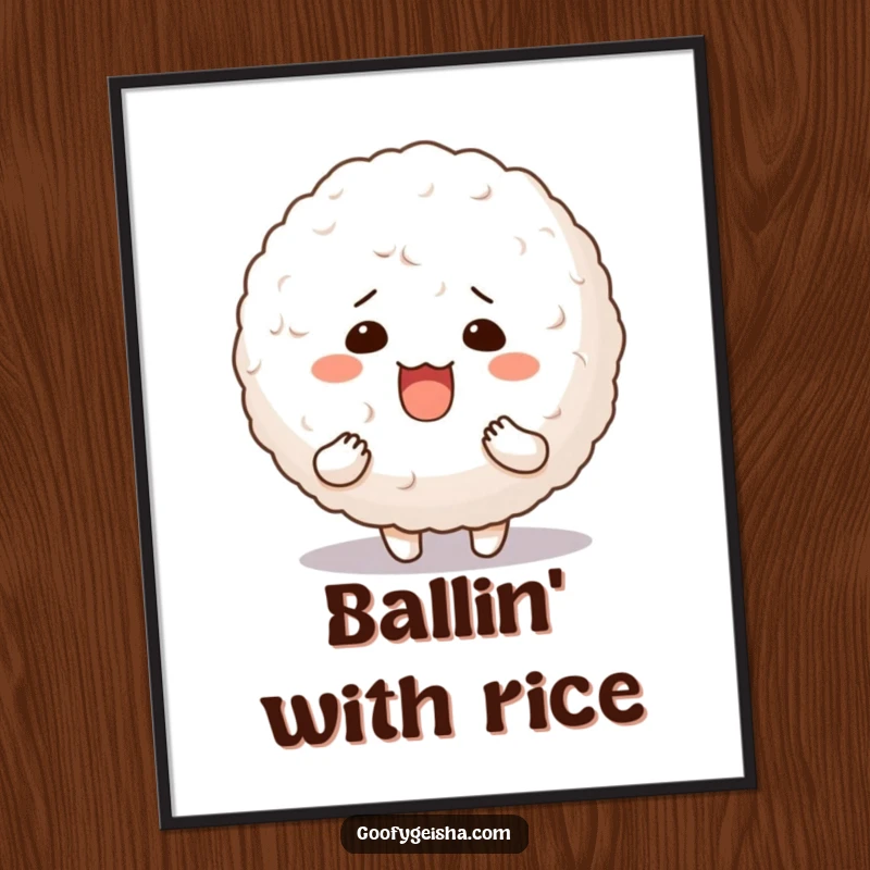 Funny digital art print of a character with a silly expression holding a large, bouncy, and delightful rice ball.