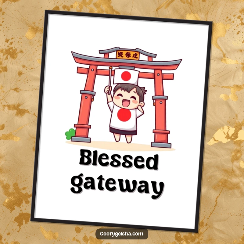 Funny digital art print of an excited Torii gate character energetically waving a small Japanese flag, capturing cultural celebration.