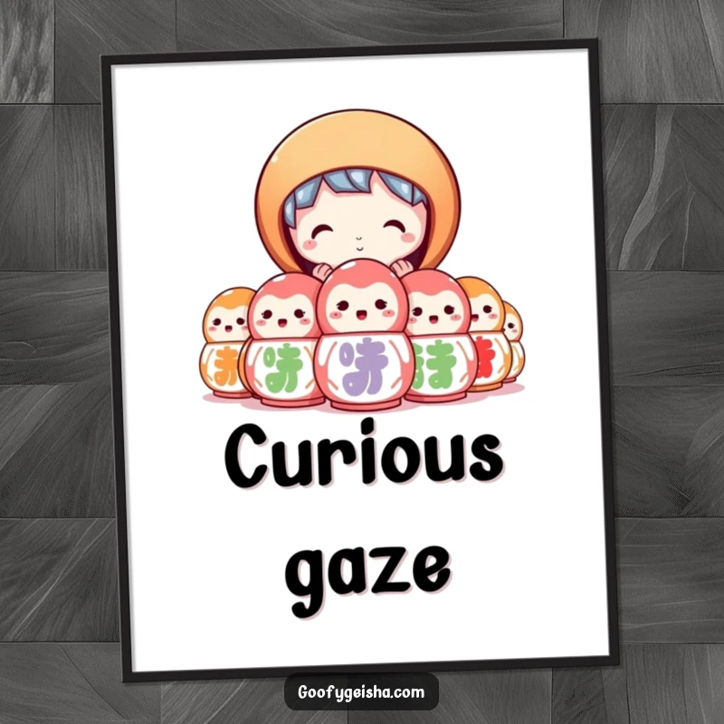 Funny digital art print of a character peeking curiously from behind colorful daruma dolls. Vibrant and mysterious.