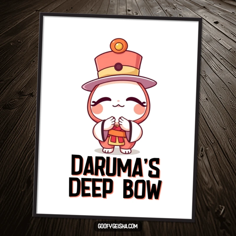 Funny digital art print of a character wearing a daruma doll top hat, bowing gracefully with an esteemed demeanor.