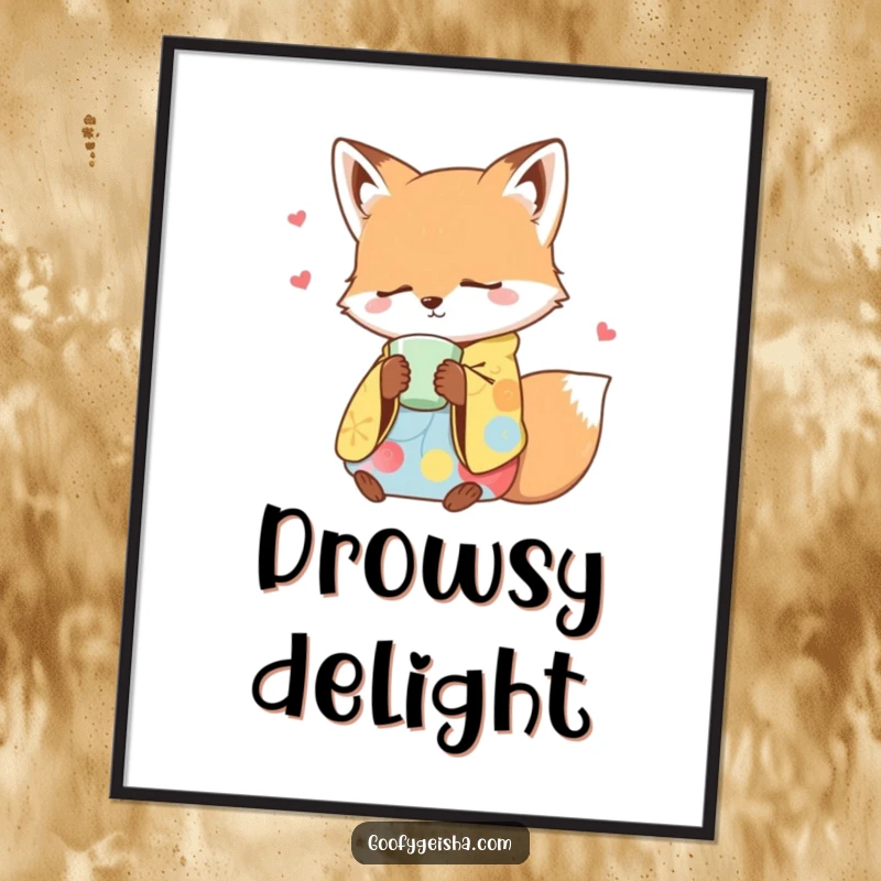 Funny digital art print of a sleepy fox in a colorful kimono dozing off with a teacup, evoking peace and humor.