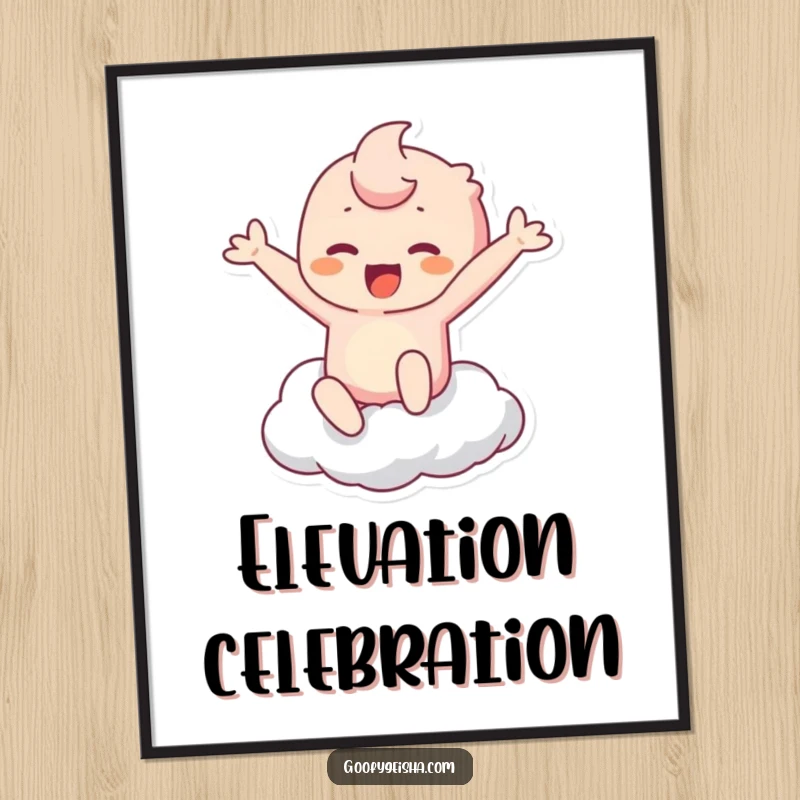 Funny Kawaii Digital Art: Character leaping with joy to touch a cloud, creating humorous and whimsical wall art. Great funny gift.