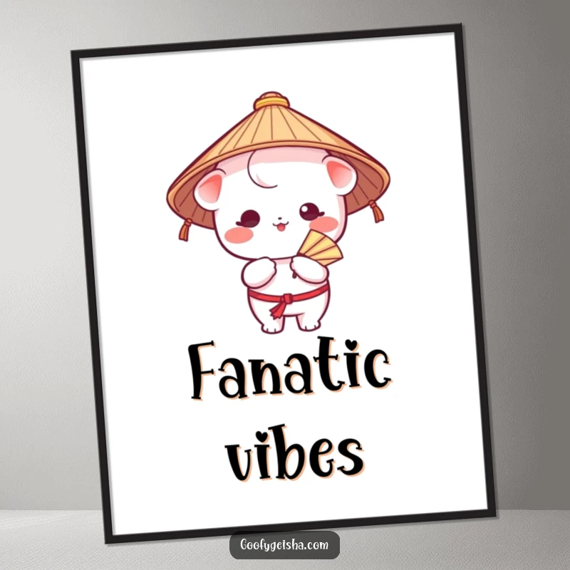 Funny digital art print of a Kawaii character in a Japanese hat, comically fanning itself, perfect for adding a touch of humor to decor.