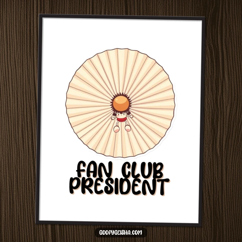 Funny digital art print of a small character playfully hiding behind a giant, smiling fan. A humorous and charming piece for instant wall decor.