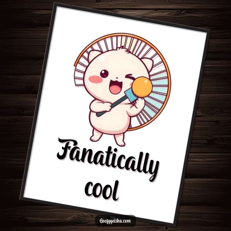 Funny digital art print of a cute Kawaii character holding a giant fan, ideal for cool and playful decor.