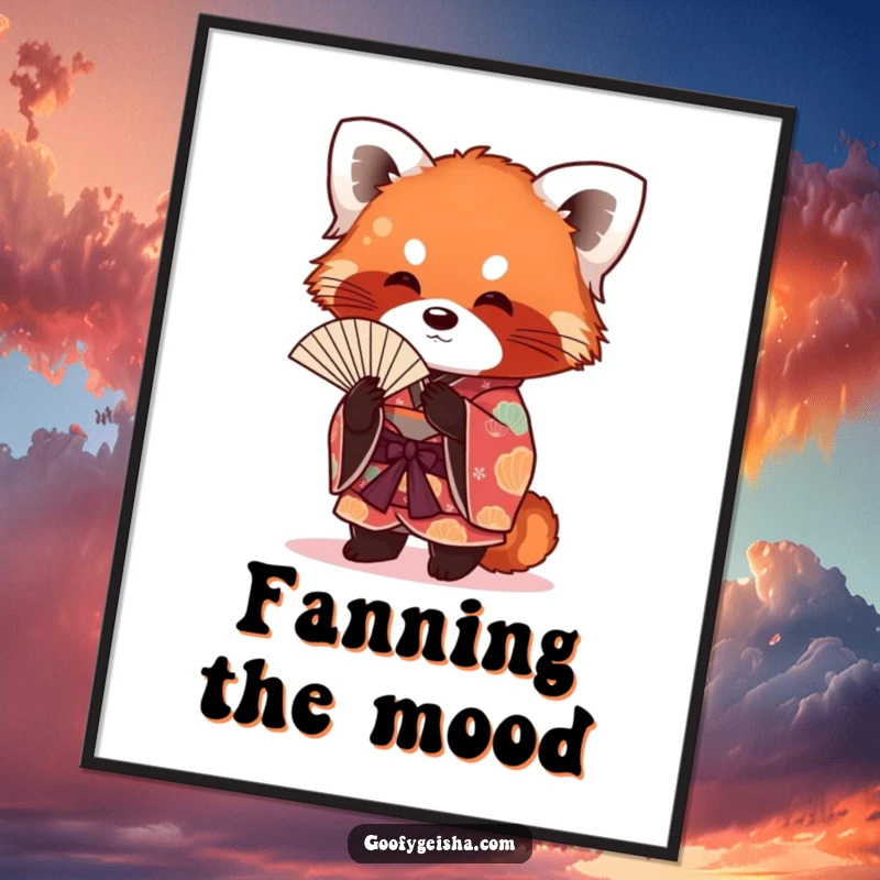 Funny red panda wearing a stylish kimono, fanning itself with a cool attitude, ready to be printed as digital art.