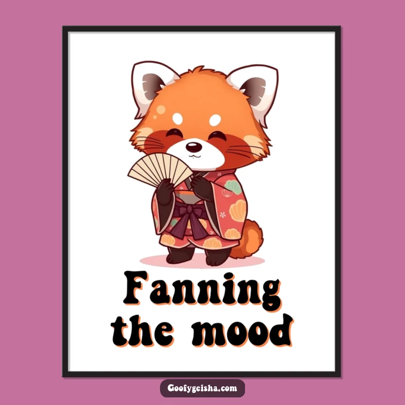 Funny Red Panda Kimono Digital Art: Playful Fanning Decor, Unique Humorous Gift