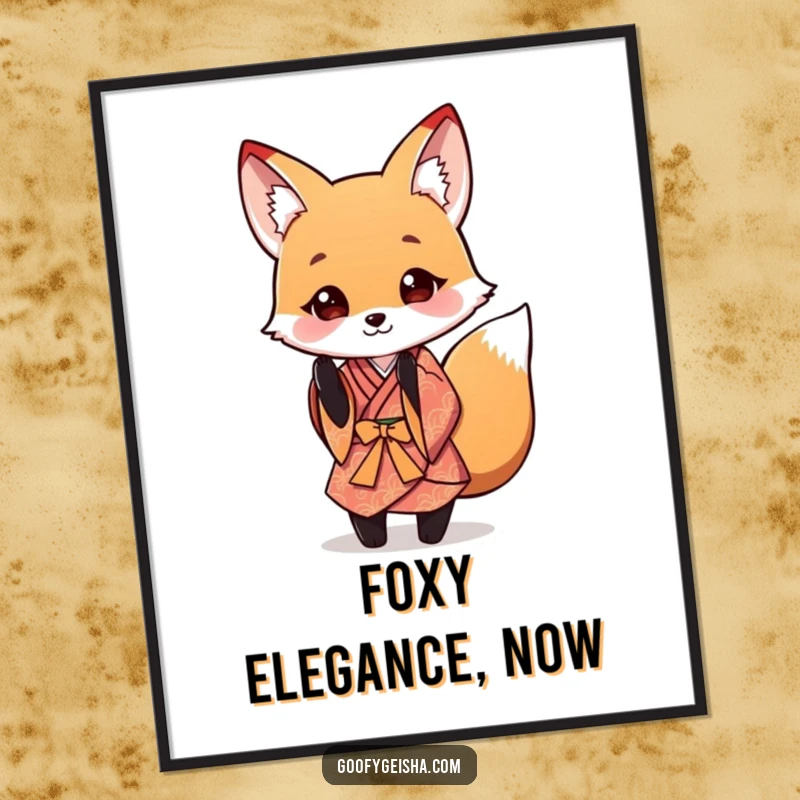 Funny Fox Kimono Digital Art Print of a cute fox in a kimono performing a playful bow, bringing elegance and whimsy.