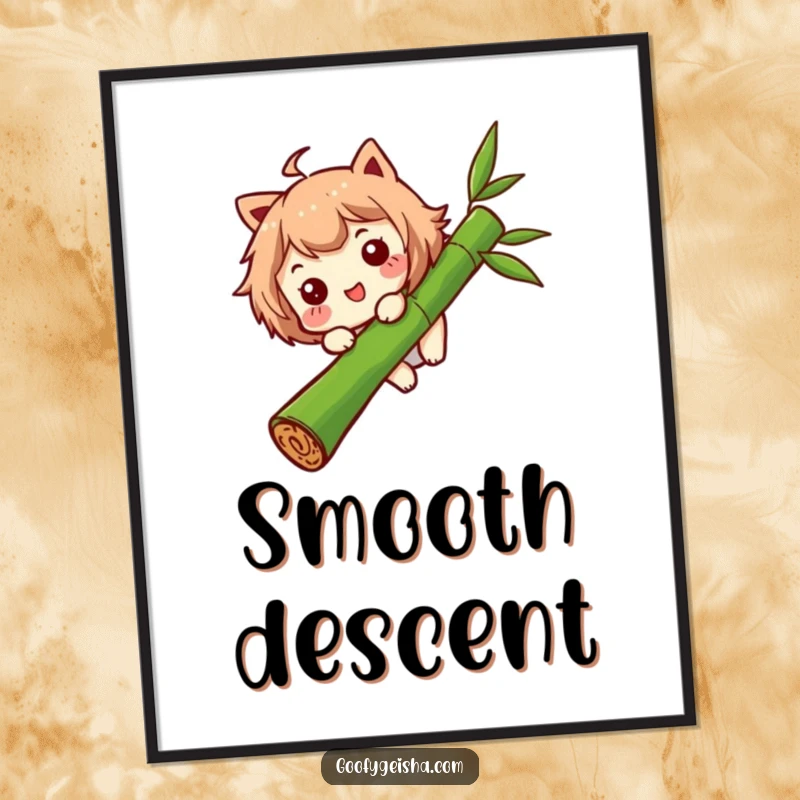 Funny digital art print of a character with a funny expression sliding down a bamboo stalk, perfect for adding humorous wall decor.