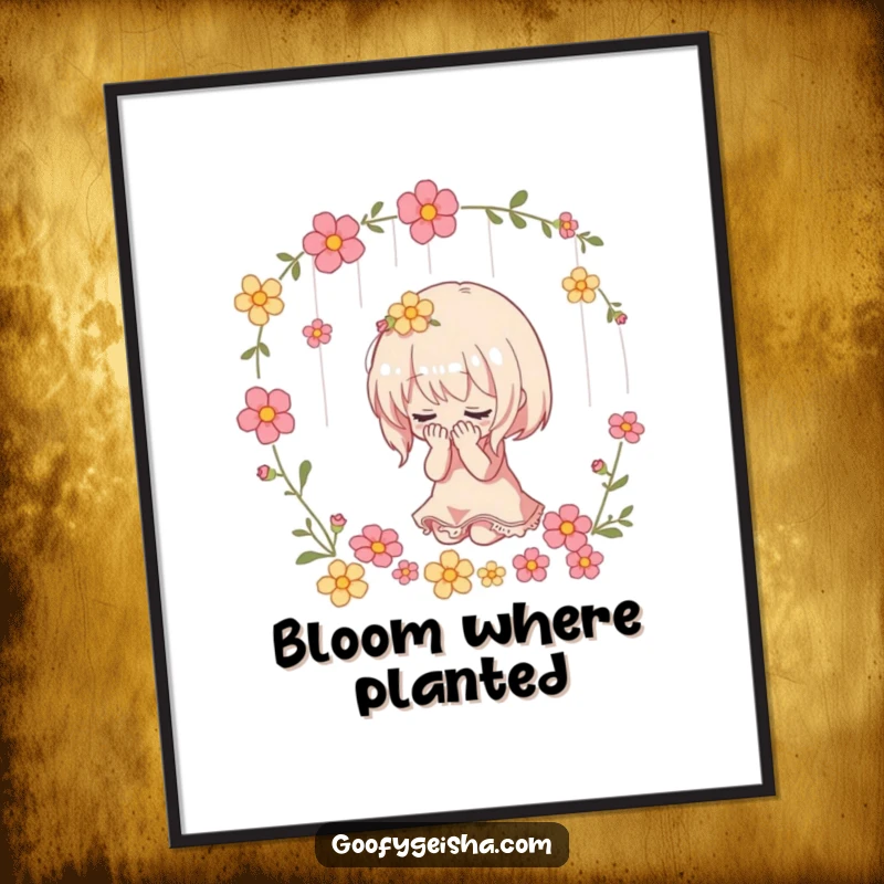 Funny digital art print of a small character dramatically bowing with a shower of flowers, ready for instant download and display.