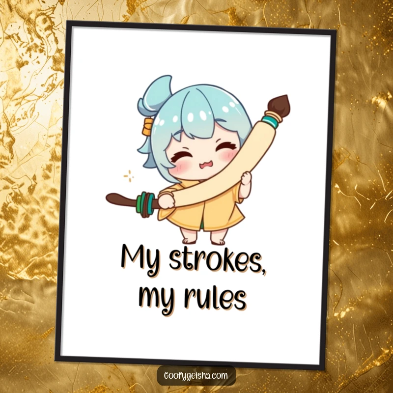 Funny digital art print of a character with a funny expression holding an oversized calligraphy brush, perfect for instant wall art.