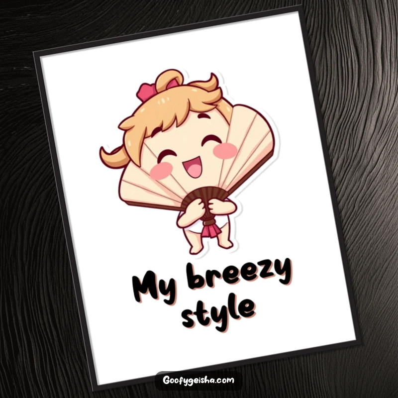 Funny digital art print of a smiling fan character in a dynamic flourish, offering instant visual appeal and a cheerful vibe for screens or prints.