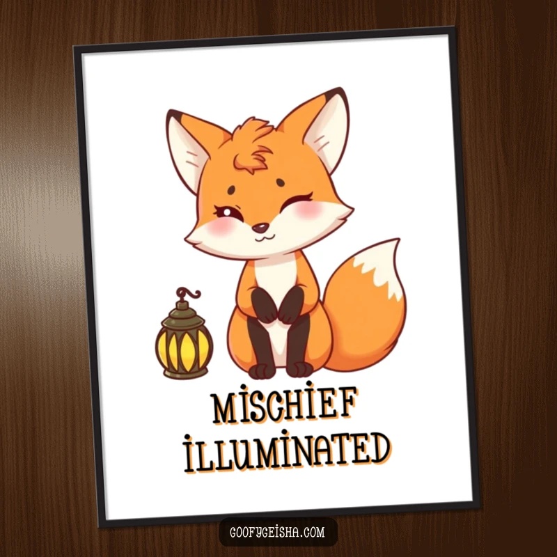 Funny fox digital art print of a fox character winking mischievously while holding a lantern, adding instant intrigue.