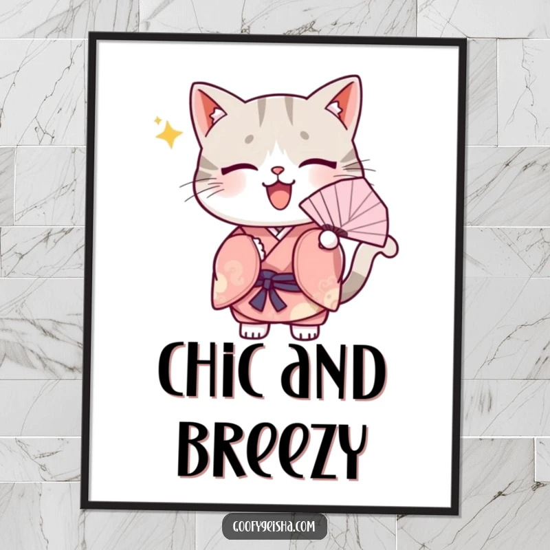 Funny Digital Art Print: A Kawaii cat in a kimono, energetically fanning itself, embodying adorable charm and cute refreshment.