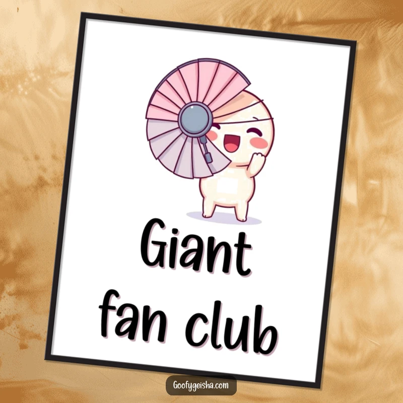 Funny digital art print of a round Kawaii character ecstatically holding a giant fan, perfect for conveying pure joy and fun.