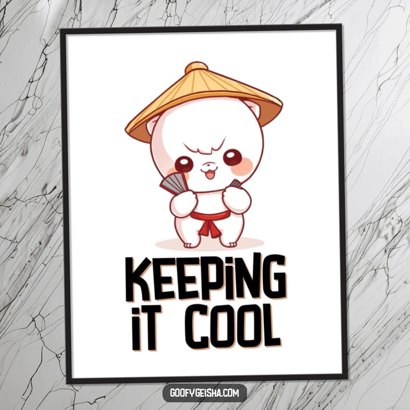 Funny digital art print of a cute Kawaii character in a Japanese hat, fanning itself, ideal for charming decor.