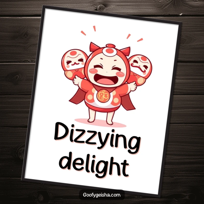 Funny Kawaii Digital Art: Bewildered character juggling daruma dolls, offering humorous and charming wall art. Great funny gift.