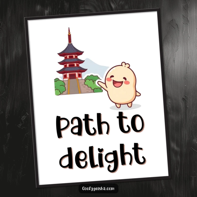 Funny Kawaii Digital Art Print: Grinning character excitedly pointing towards a distant pagoda, ready to download for instant humorous wall decor.