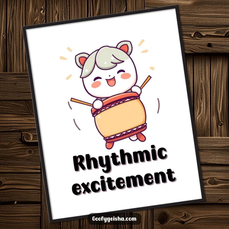 Funny Kawaii character Taiko drum digital art print with exaggerated motions, perfect for adding instant rhythm and humor.
