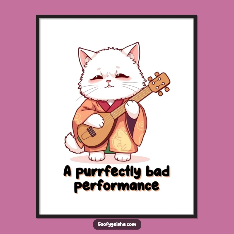 Funny Kimono Cat Digital Art Print: Shamisen Attempt, Unique Funny Gift
