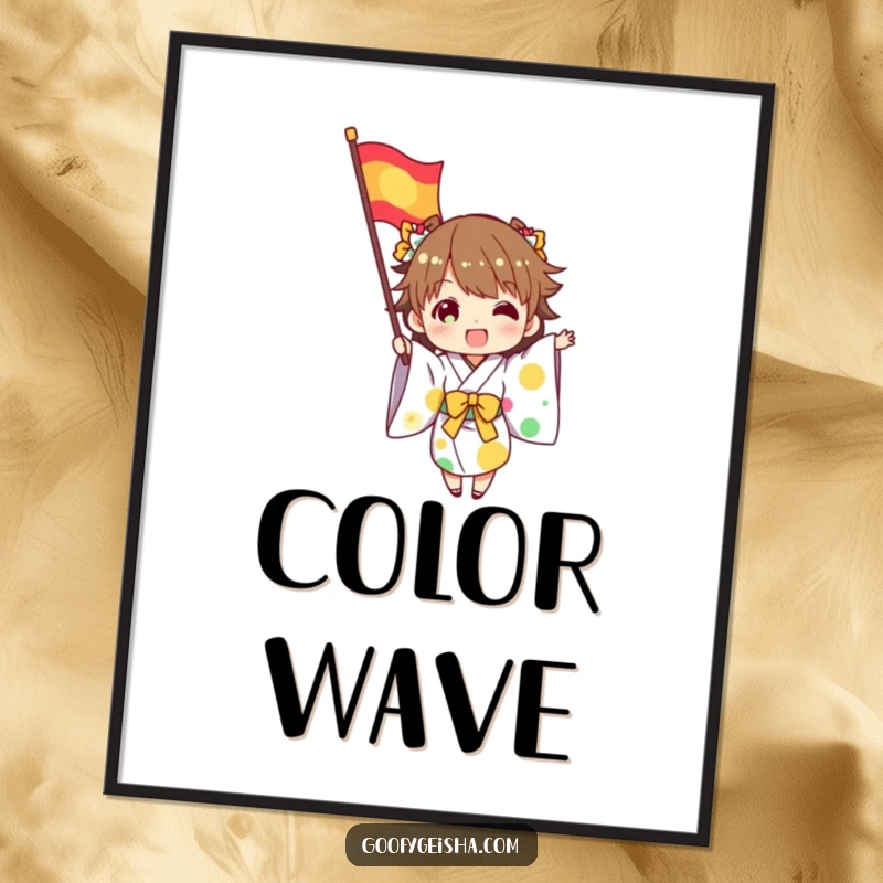 Funny digital art print of a character in a kimono excitedly waving a colorful flag, ideal for adding festive and funny vibes.
