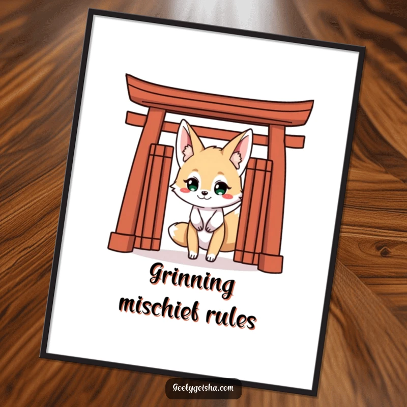 Funny Kitsune Fox Digital Art Print: A mischievous Kitsune character with a grin peeks from behind a Torii gate in this artwork.