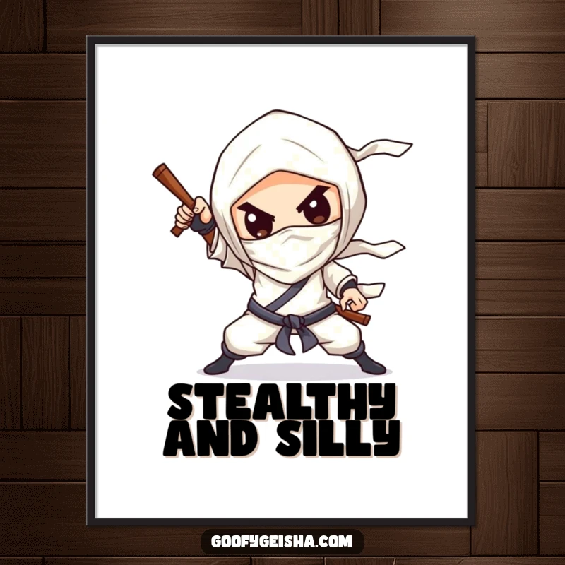 Funny Digital Art Print: A chibified character dramatically striking a ninja pose with a silly grin.