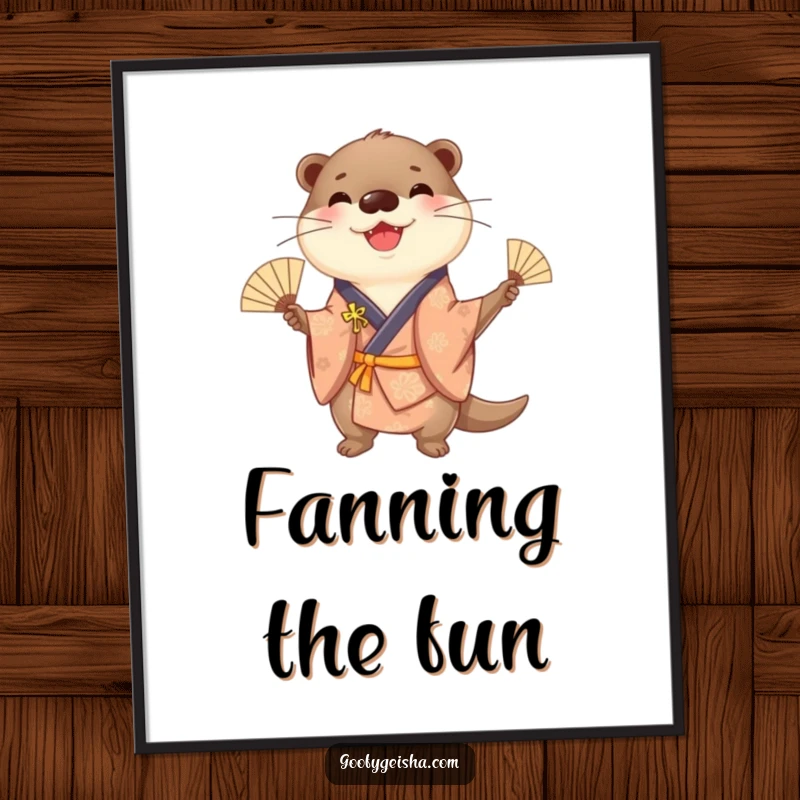 Funny cheerful otter wearing a kimono, juggling small fans with energetic flair, ready to be printed as playful digital art.