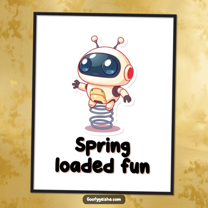 Funny digital art print of a small, round robot with wide eyes bouncing high on a spring, conveying playful energy.