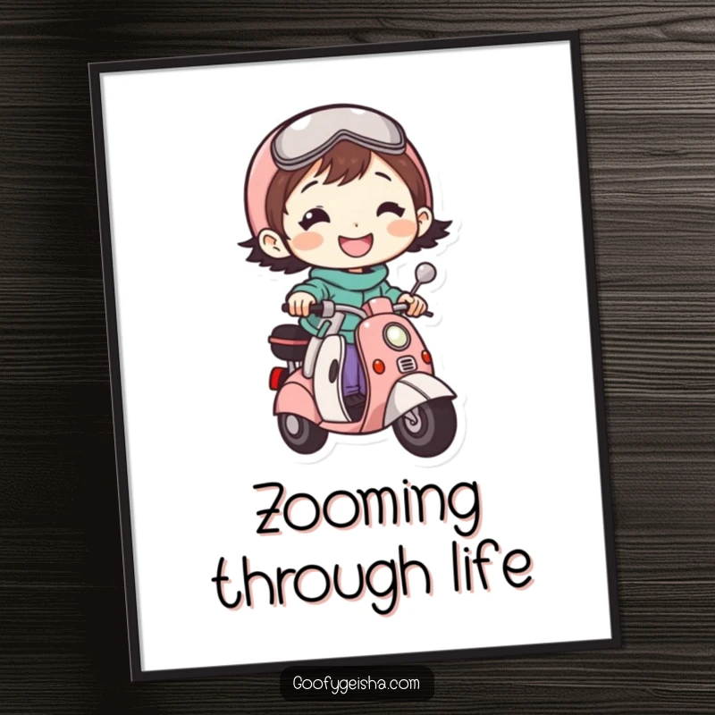 Funny digital art print of a small, beaming character joyfully riding a tiny scooter, creating a whimsical and humorous wall display.