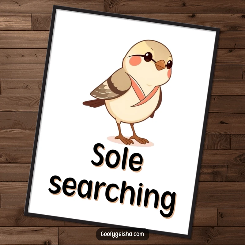 Funny digital art print of a curious sparrow in a dainty kimono attempting to wear geta sandals, humorous wall art.