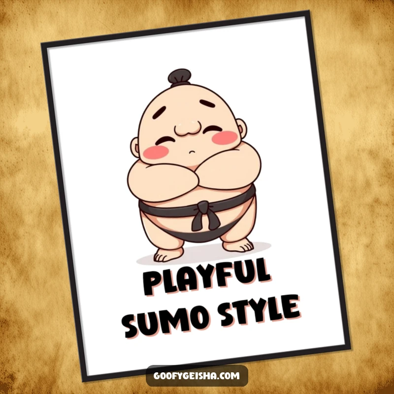 Funny Sumo wrestler digital art print with a happy character bowing respectfully, ideal for instant, humorous decor.