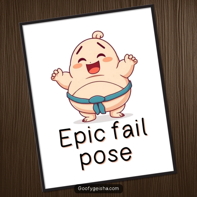 Funny digital art print of a smiling character in a hilariously off-balance sumo pose, capturing playful athletic humor.