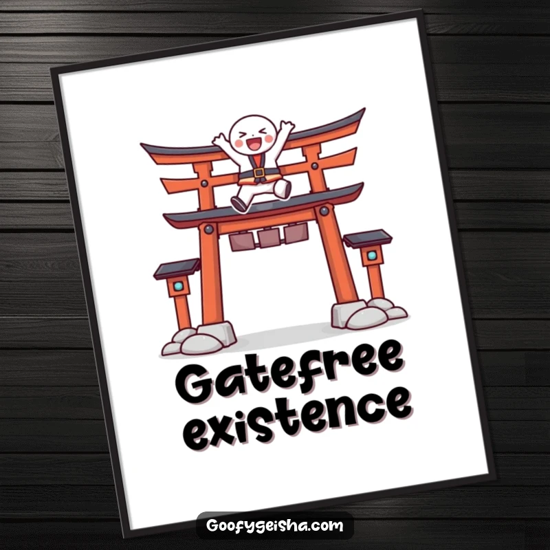 Funny digital art print of a character joyfully leaping energetically over a stylized Torii gate, ready for instant download and display.