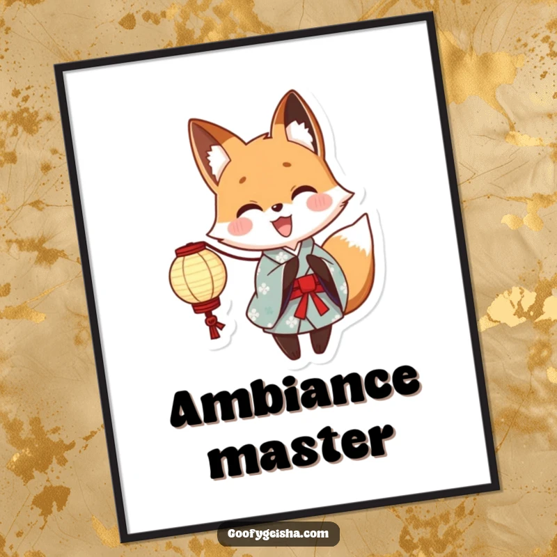 Funny Yukata Fox Digital Art Print: Instant download art of a cute anime fox in a yukata holding a glowing paper lantern, perfect for vibrant wall decor.