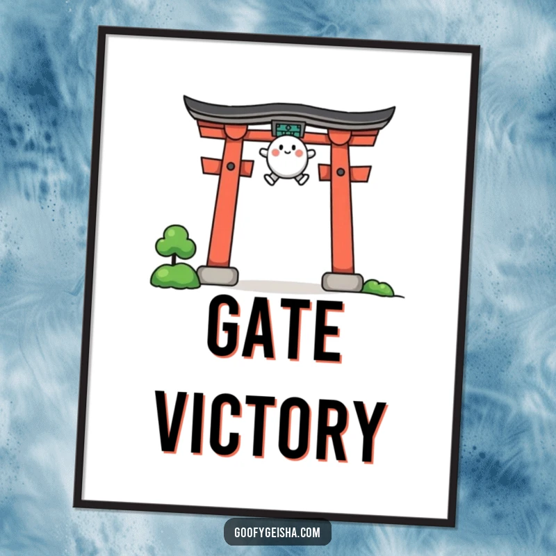 Funny digital art print of a small character triumphantly leaping over a stylized torii gate, evoking adventure.