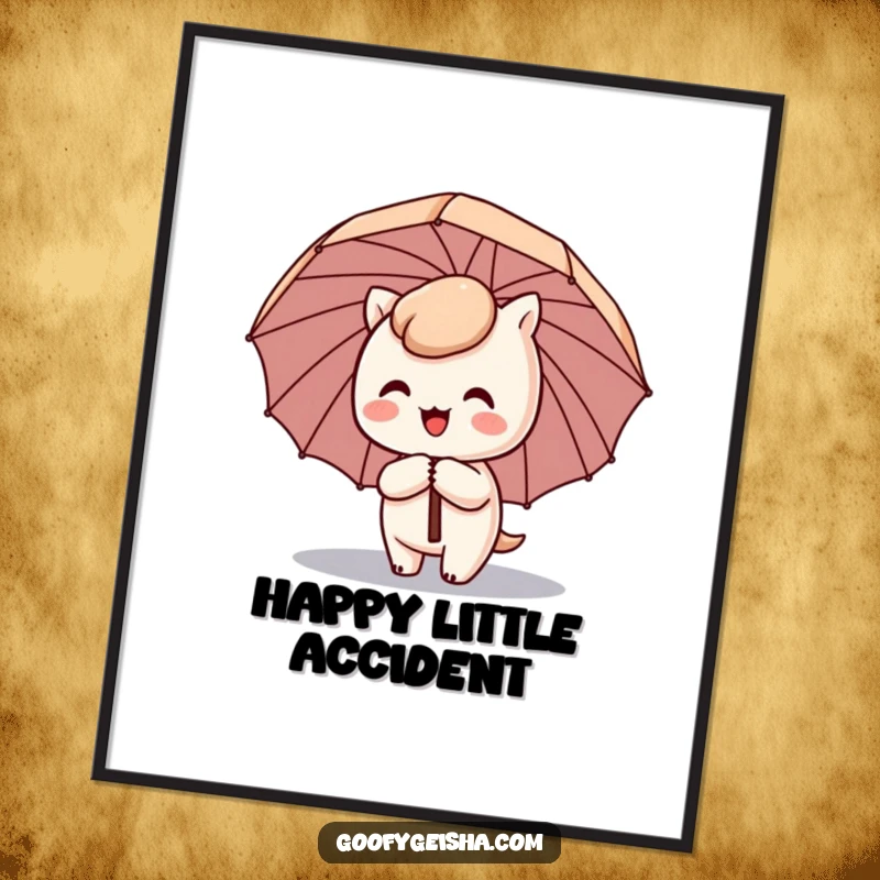 Funny Kawaii digital art print of a cute character happily spinning with a comical umbrella tilted sideways, adding cheerful decor.