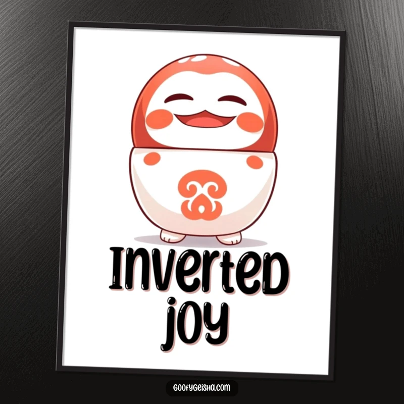 Funny digital art print of a cute Daruma doll character standing on its head with a wide, cheerful grin.