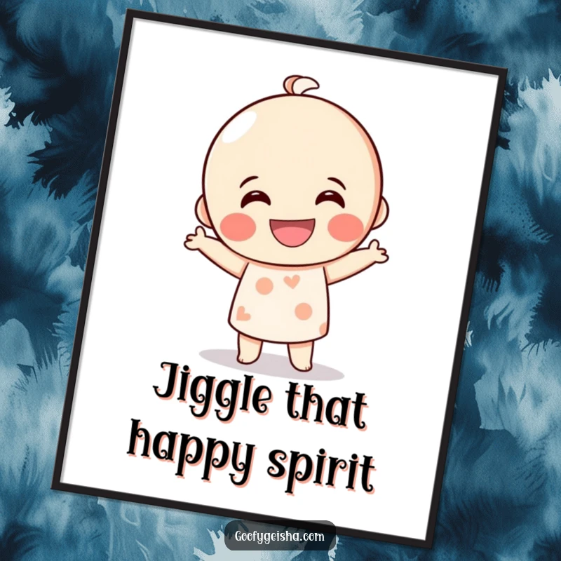 Funny Kokeshi doll digital art print of a grinning character performing a silly dance, capturing energetic movement and humorous delight for instant wall decor.