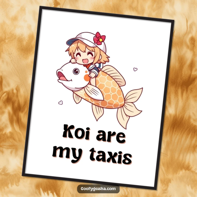 Funny digital art print of a character gleefully riding a massive, whimsical koi fish. Evokes joy, fantasy, and aquatic adventure instantly.