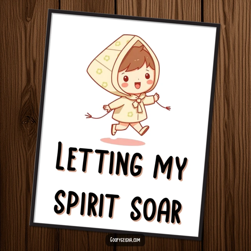 Funny digital art print of a happy character skipping with a patterned kite, perfect for adding vibrant and humorous wall decor.