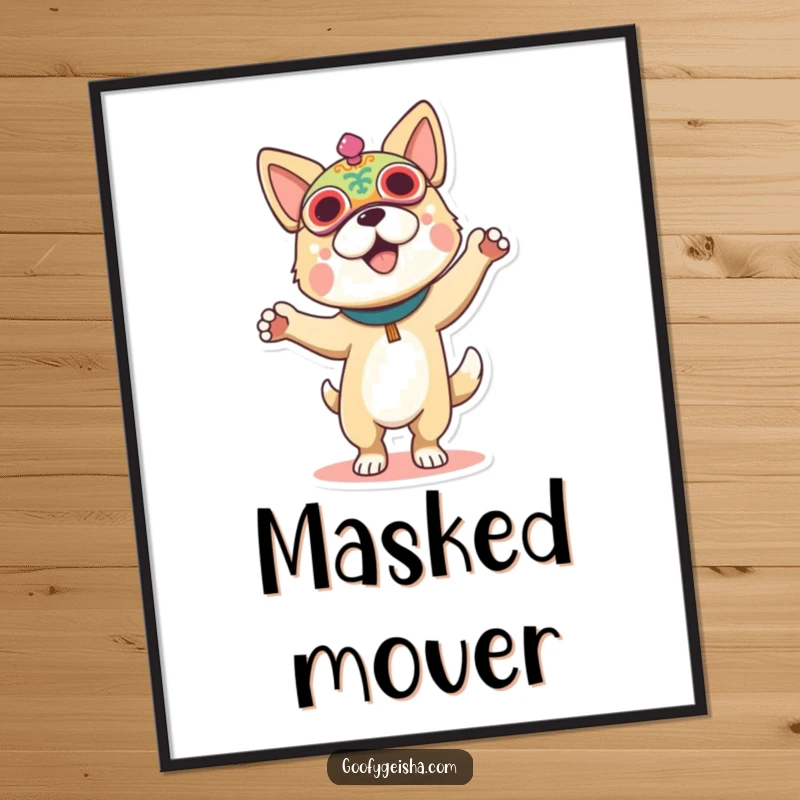Funny digital art print of a dog in a vibrant festival mask, dancing joyfully, creating instant festive wall art.