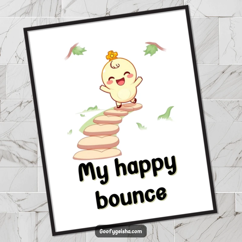 Funny digital art print of a giggling lucky charm character bouncing along a winding path, bringing joyful and playful vibes to any digital display.