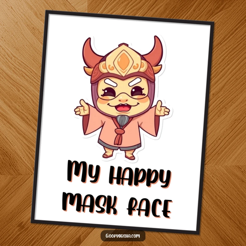 Funny digital art print of a character in a traditional mask in a silly, delighted pose, perfect for adding instant, vibrant, humorous decor.