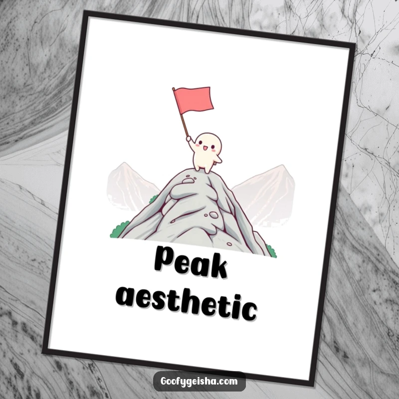 Funny Kawaii Digital Art: Character celebrating atop a mountain, waving a flag. Humorous and inspiring artwork for walls.