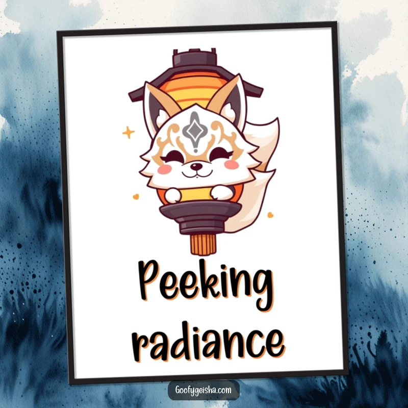 Funny digital art print of a cute Kitsune masked character playfully peeking from behind a lantern, perfect for adding intrigue and humor.