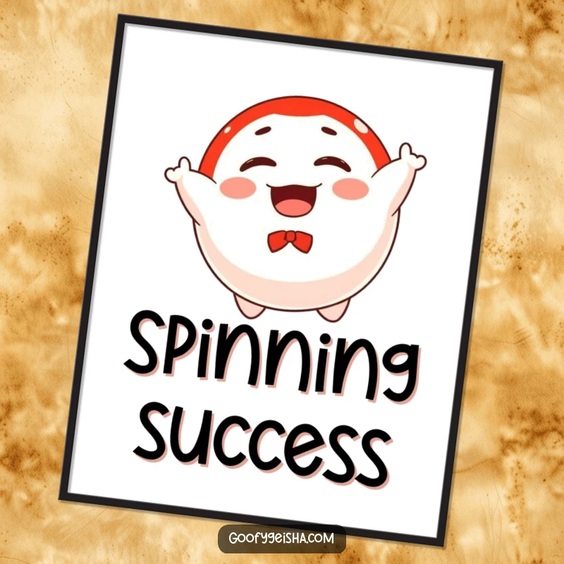 Funny digital art print of a floating Daruma doll character joyfully spinning, perfect for adding a touch of luck and positive vibes.