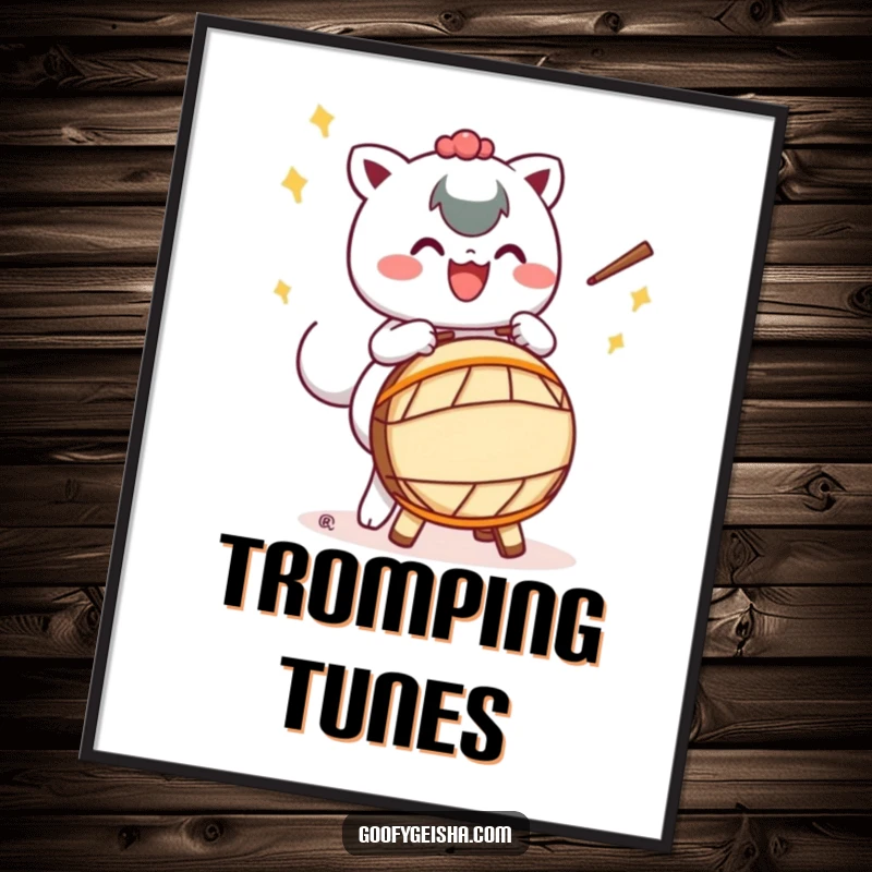 Funny digital art print of a Kawaii character happily playing a Taiko drum with exaggerated motions, perfect for celebrating music and joy.