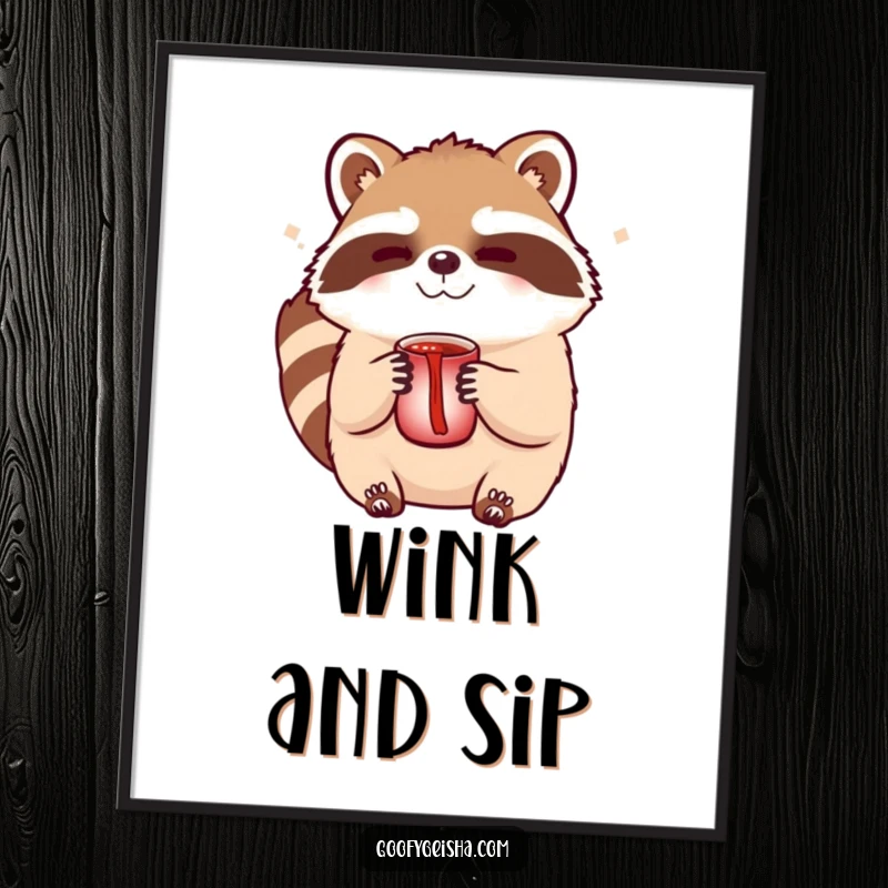 Funny Tanuki sake digital art print with a cute character winking and holding a sake cup, ideal for instant, playful decor.