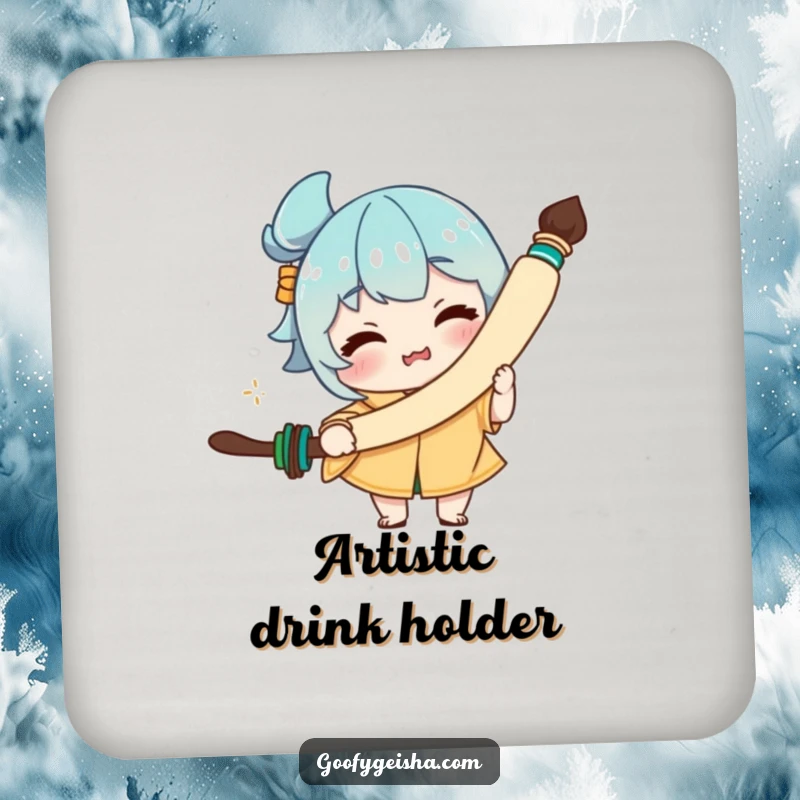 Funny coaster displaying a character making a funny face while holding a huge calligraphy brush, adding artistic humor to tables.